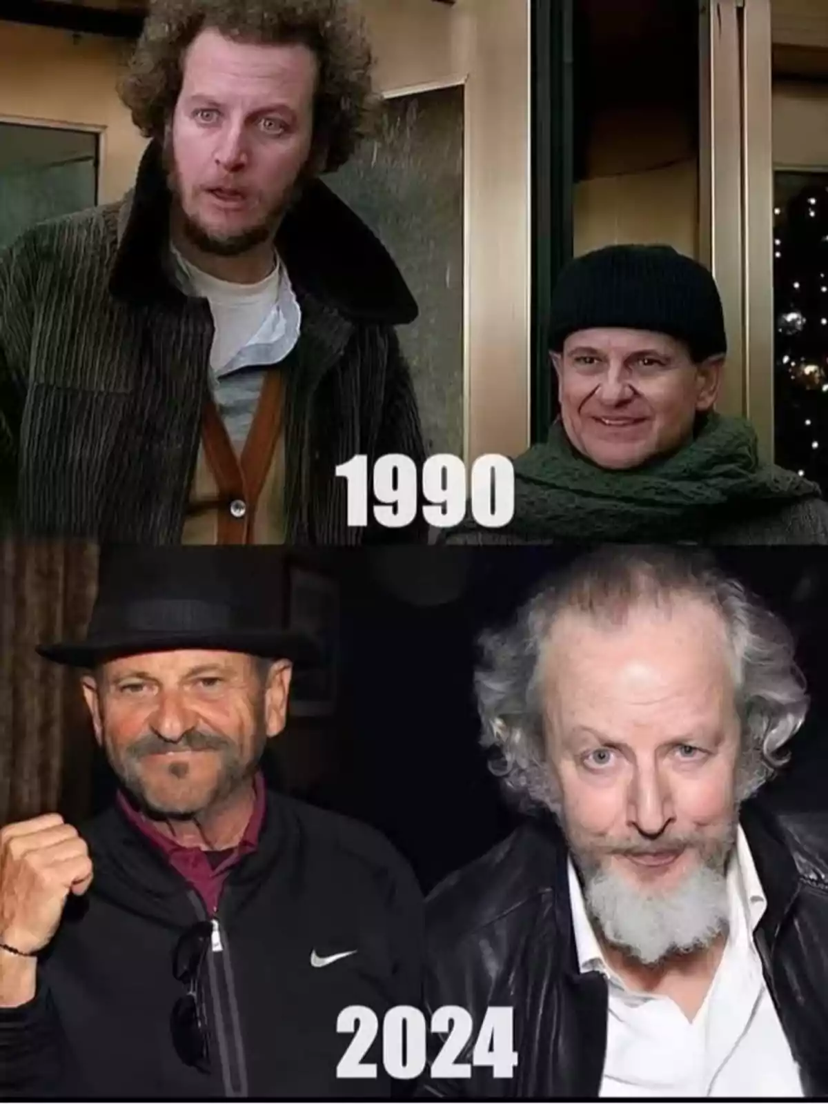 Dos hombres en una imagen dividida en dos partes, la superior muestra a los hombres en 1990 y la inferior en 2024, con cambios visibles en su apariencia a lo largo del tiempo. Dos hombres en una imagen dividida en dos partes, la superior muestra a los hombres en 1990 y la inferior en 2024, con cambios visibles en su apariencia a lo largo del tiempo.