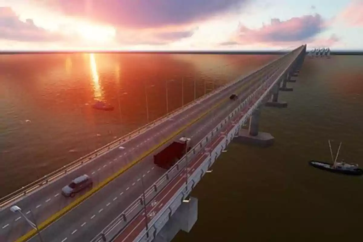 Un puente largo sobre un cuerpo de agua al atardecer con algunos vehículos transitando y un barco en el agua.