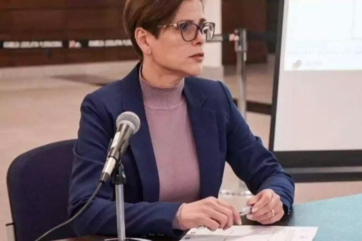 Una persona con gafas y cabello corto está sentada frente a un micrófono en una mesa, sosteniendo papeles y vistiendo un suéter lila y un saco azul. Una persona con gafas y cabello corto está sentada frente a un micrófono en una mesa, sosteniendo papeles y vistiendo un suéter lila y un saco azul.