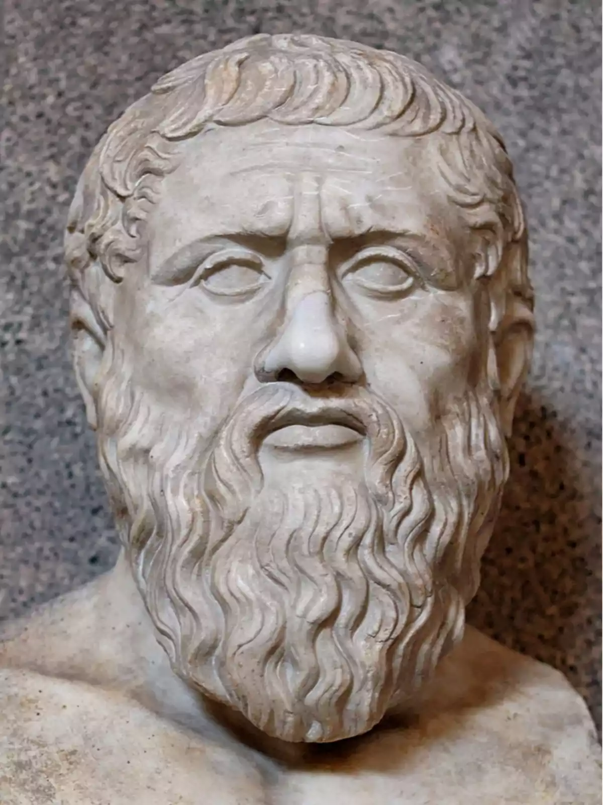Marble bust of a bearded man with a serious expression and curly hair against a gray stone background Marble bust of a bearded man with a serious expression and curly hair against a gray stone background