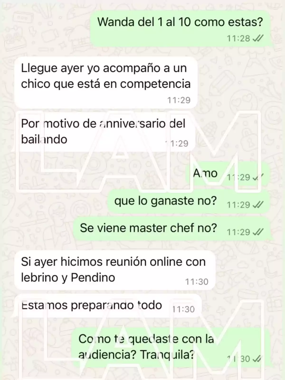 Screenshot of a WhatsApp conversation where two people talk about competitions, the anniversary of a dance program, a possible participation in MasterChef, and work meetings Screenshot of a WhatsApp conversation where two people talk about competitions, the anniversary of a dance program, a possible participation in MasterChef, and work meetings