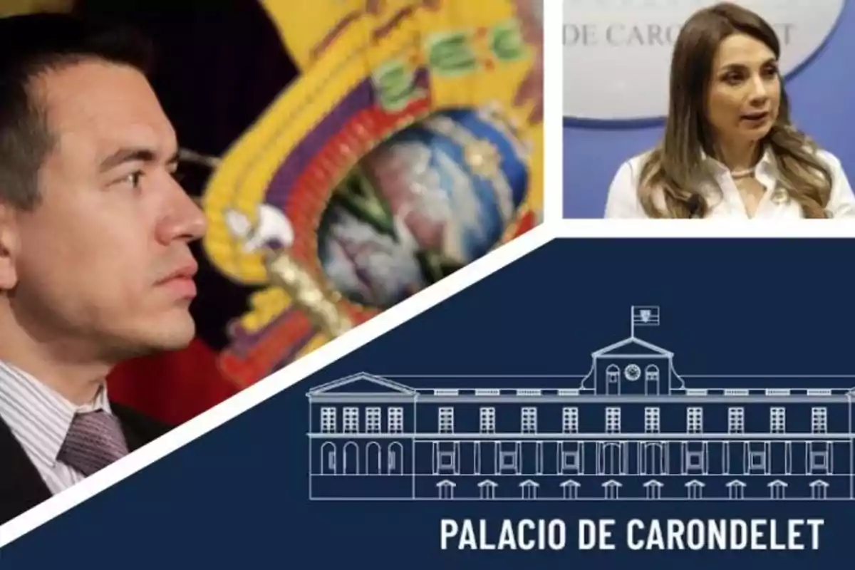 Two people in separate boxes, an Ecuadorian flag in the background, and a drawing of the Carondelet Palace with the text 