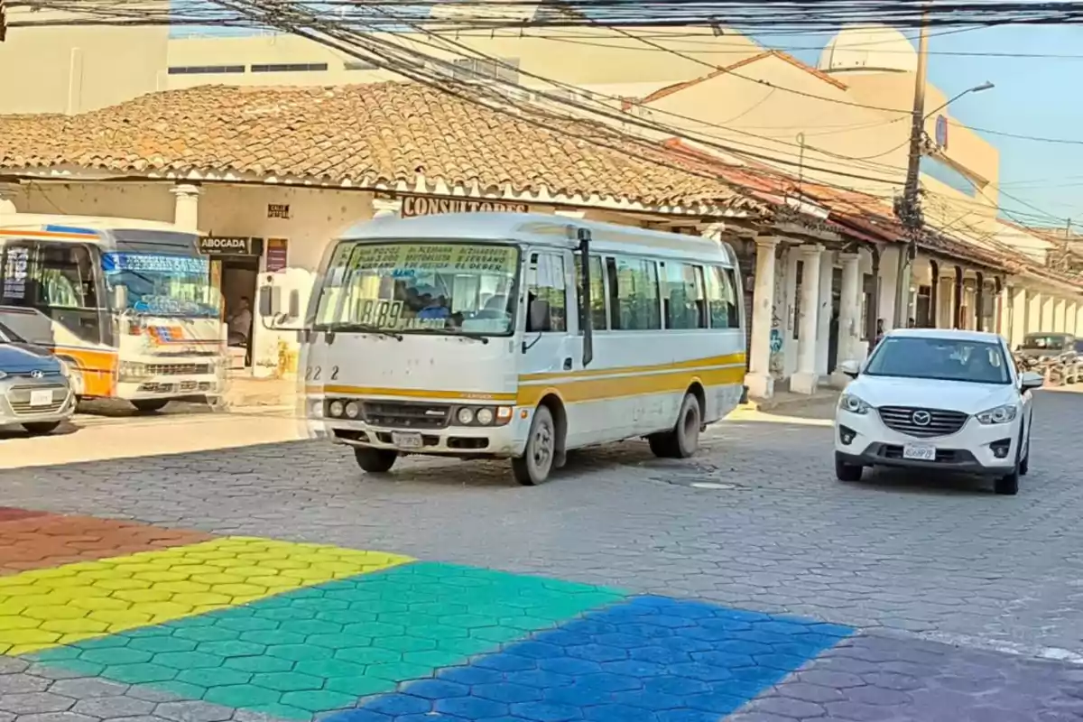 Un autobús y un automóvil circulan por una calle empedrada con un paso peatonal pintado con los colores del arcoíris frente a edificios coloniales Un autobús y un automóvil circulan por una calle empedrada con un paso peatonal pintado con los colores del arcoíris frente a edificios coloniales