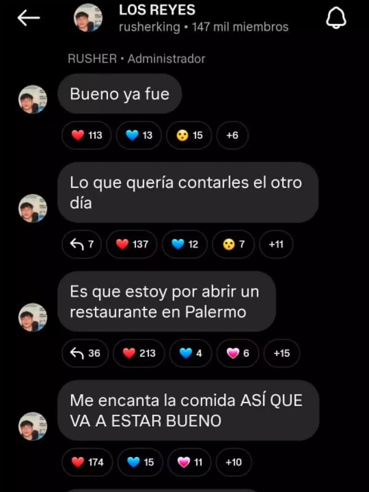 Screenshot of a group chat where a user announces they will open a restaurant in Palermo and expresses excitement about the food Screenshot of a group chat where a user announces they will open a restaurant in Palermo and expresses excitement about the food