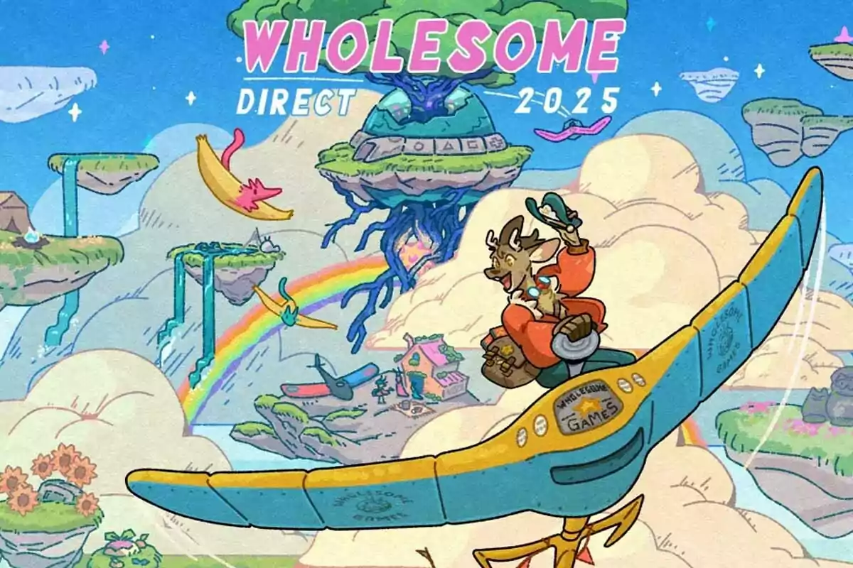 An anthropomorphic deer in an orange jacket flies a blue and yellow plane over a colorful landscape of floating islands, rainbows, and giant trees, with the text Wholesome Direct 2025 at the top. An anthropomorphic deer in an orange jacket flies a blue and yellow plane over a colorful landscape of floating islands, rainbows, and giant trees, with the text Wholesome Direct 2025 at the top.
