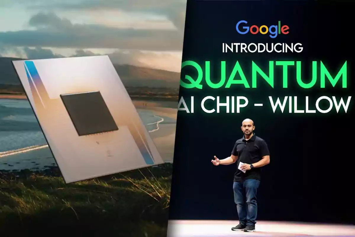 Presentación de un chip cuántico de inteligencia artificial llamado Willow por Google, con una imagen del chip en un paisaje y una persona en un escenario.