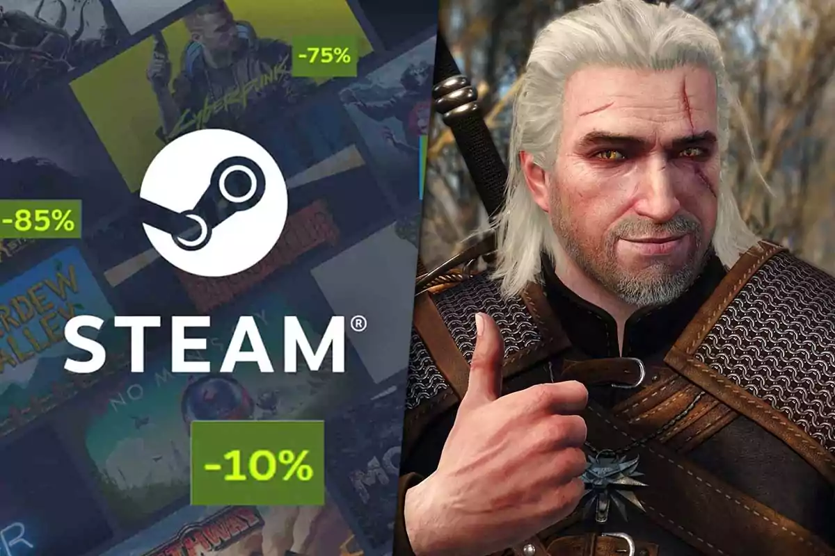 Promociones de videojuegos en Steam junto a un personaje de un videojuego popular.