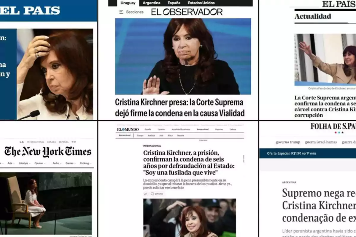 Covers of various international newspapers showing news about the court conviction of Cristina Kirchner, with different photos of the Argentine politician in each press clipping.