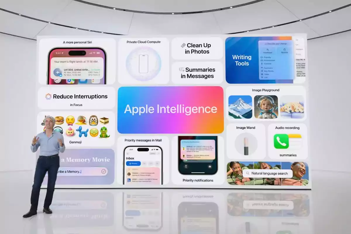 Un presentador de Apple está de pie frente a una pantalla grande que muestra varias funciones y herramientas de Apple Intelligence, incluyendo mensajes prioritarios, reducción de interrupciones, creación de Genmoji, herramientas de escritura, edición de fotos y búsqueda por lenguaje natural. Un presentador de Apple está de pie frente a una pantalla grande que muestra varias funciones y herramientas de Apple Intelligence, incluyendo mensajes prioritarios, reducción de interrupciones, creación de Genmoji, herramientas de escritura, edición de fotos y búsqueda por lenguaje natural.