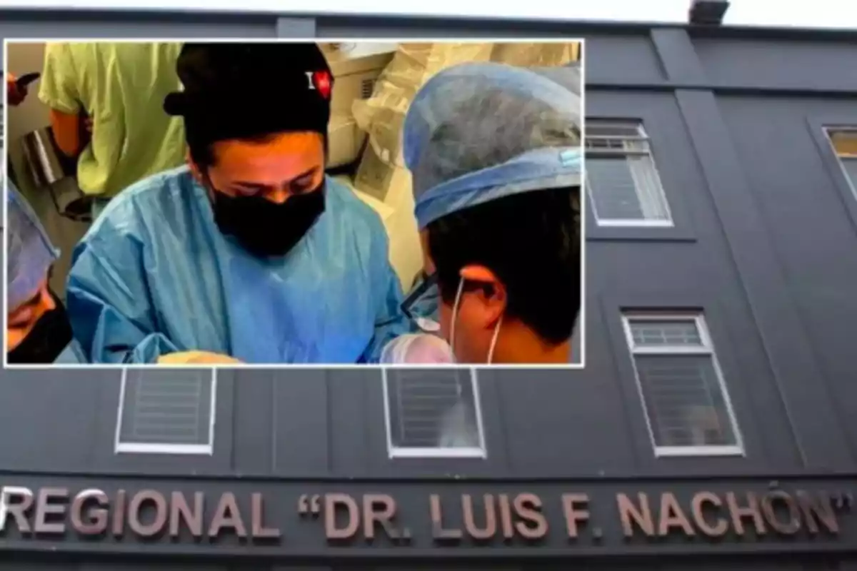 Personal médico trabajando en un hospital con el nombre "Dr. Luis F. Nachón" visible en la fachada del edificio.