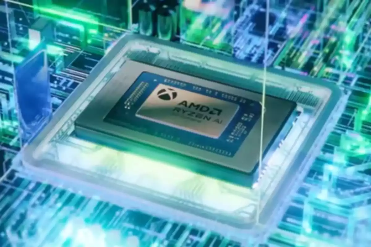 AMD Ryzen AI processor on a motherboard with green and blue lighting effects in a futuristic tech environment AMD Ryzen AI processor on a motherboard with green and blue lighting effects in a futuristic tech environment