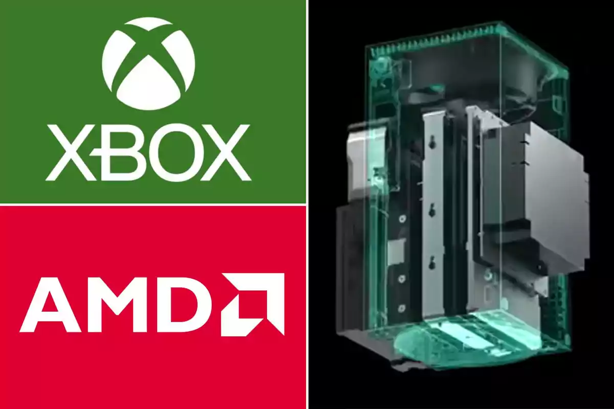 Xbox and AMD logos next to a digital image of the inside of a video game console