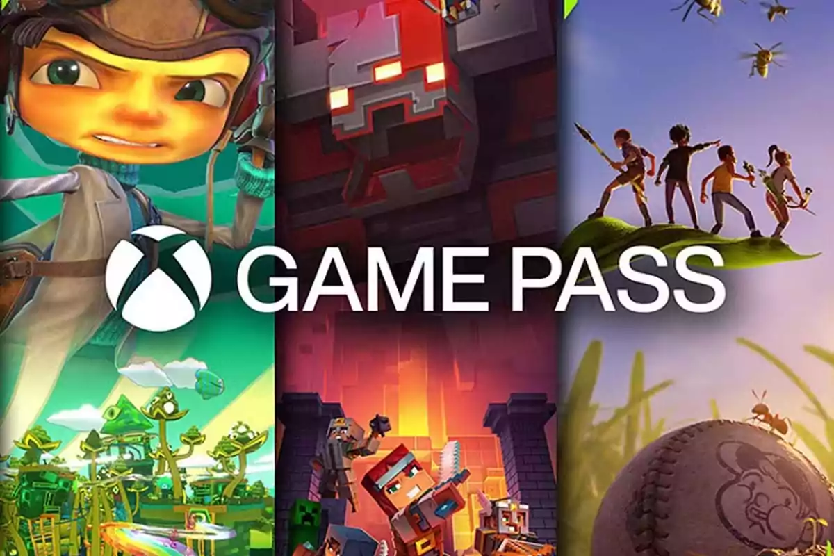 Promotional image of Xbox Game Pass with video game characters and action scenes. Promotional image of Xbox Game Pass with video game characters and action scenes.