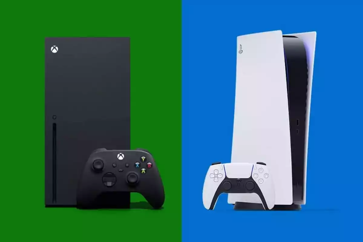 Two video game consoles with their respective controllers, one black on a green background and the other white on a blue background. Two video game consoles with their respective controllers, one black on a green background and the other white on a blue background.