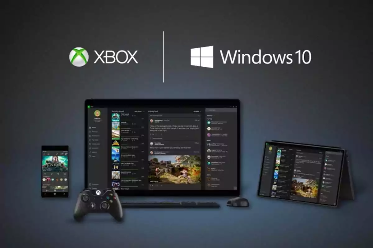 Electronic devices displaying Xbox and Windows 10 interfaces, including a phone, a tablet, a laptop, and an Xbox controller. Electronic devices displaying Xbox and Windows 10 interfaces, including a phone, a tablet, a laptop, and an Xbox controller.