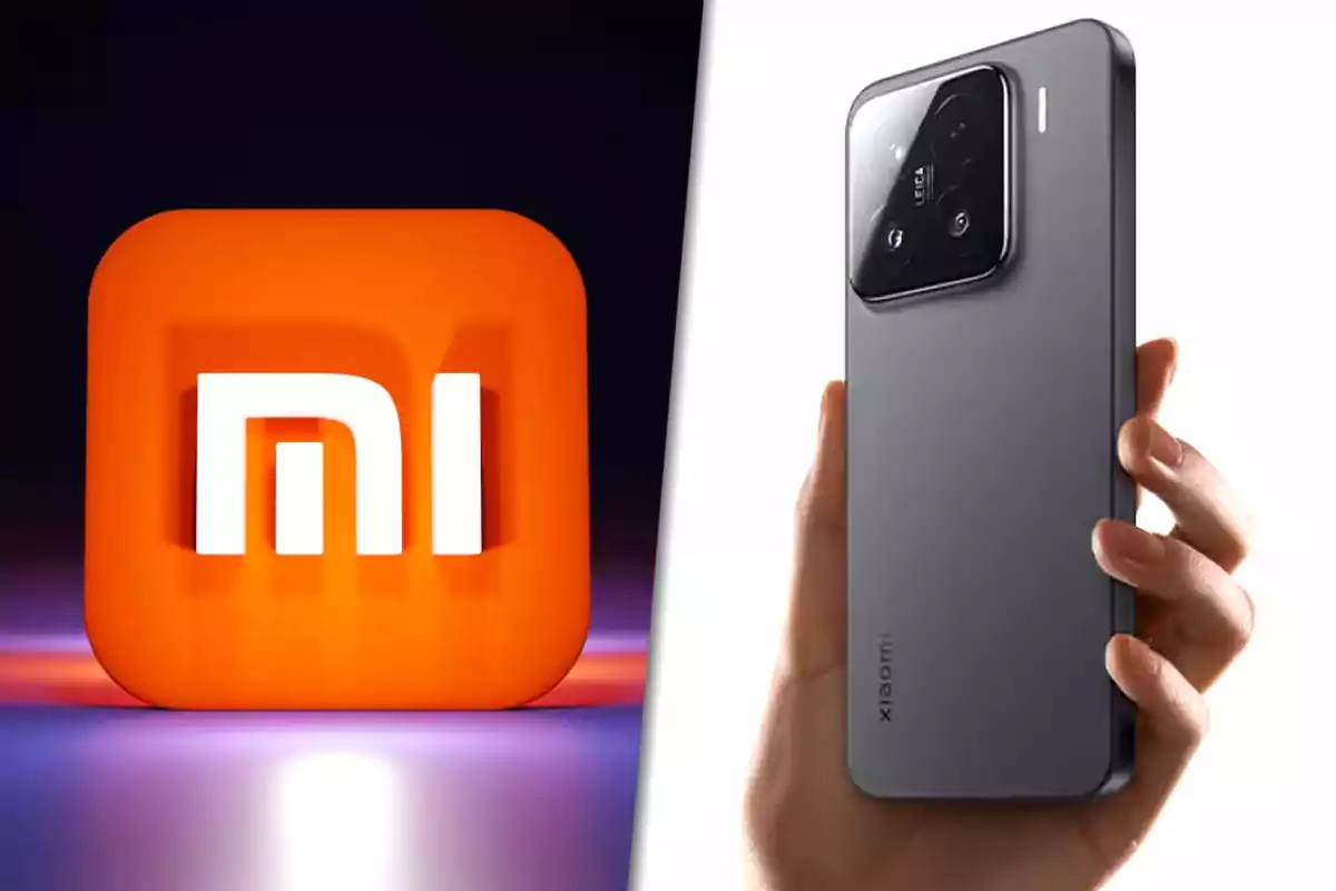 Logotipo de Xiaomi junto a una mano sosteniendo un teléfono inteligente de la marca.