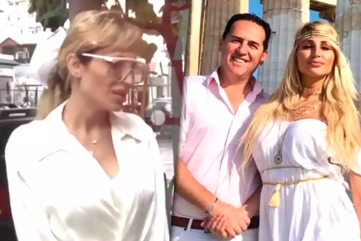 A woman with large glasses and a white blouse is on the left, while on the right there is a smiling couple, the man is wearing a light jersey and the woman a white dress with gold accessories, posing in front of a structure with columns.