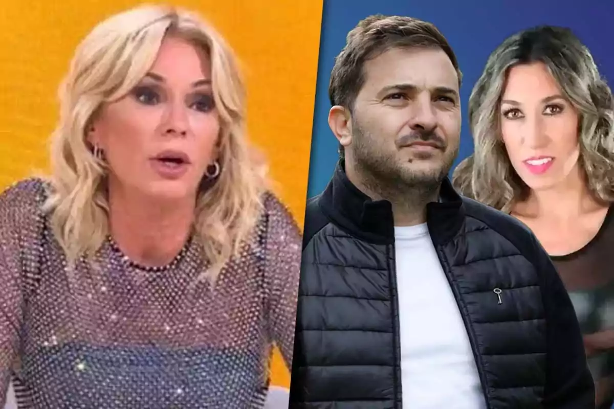 Una mujer rubia con expresión seria está a la izquierda, mientras que a la derecha hay un hombre con chaqueta oscura y una mujer con cabello rizado, ambos mirando hacia adelante.