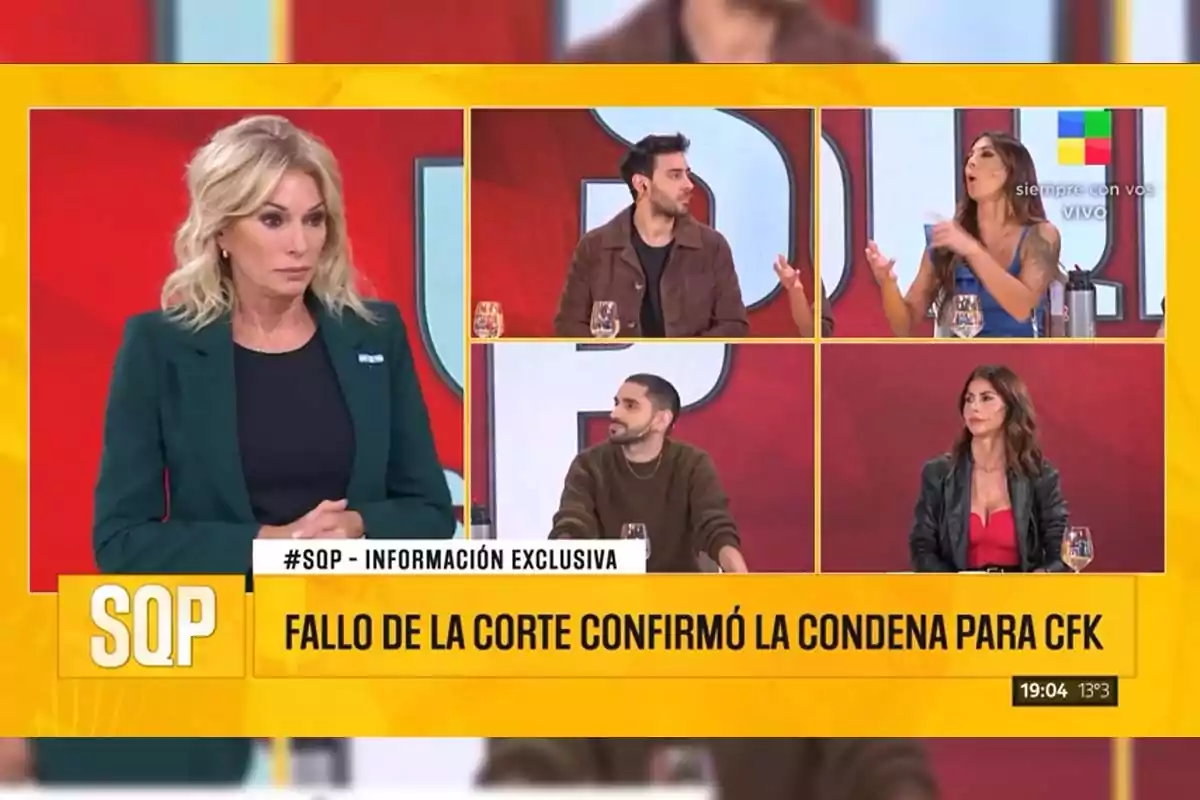 TV show panel with several hosts and journalists debating the confirmation of a court conviction for CFK, according to the headline on screen. TV show panel with several hosts and journalists debating the confirmation of a court conviction for CFK, according to the headline on screen.