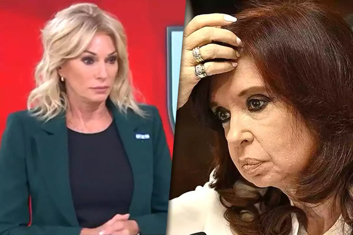 Two women appear in the image, one with blonde hair and a serious expression against a red background, and the other with dark brown hair, her hand on her forehead and a thoughtful expression.