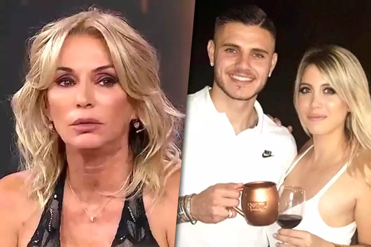 Yanina Latorre con expresión seria a la izquierda y una pareja sonriente sosteniendo bebidas a la derecha (Mauro Icardi y Wanda Nara)