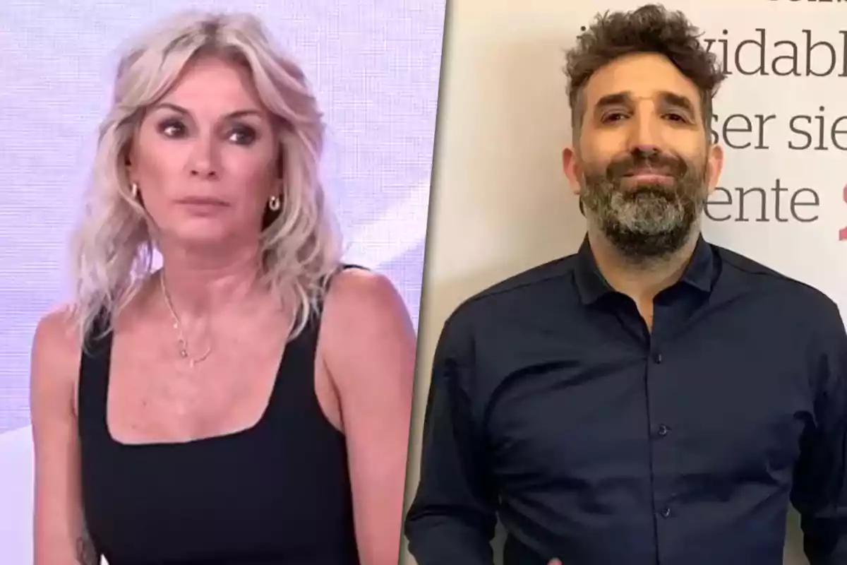 A blonde-haired woman and a dark-haired, bearded man appear in a split image, both with serious expressions and wearing dark clothing.