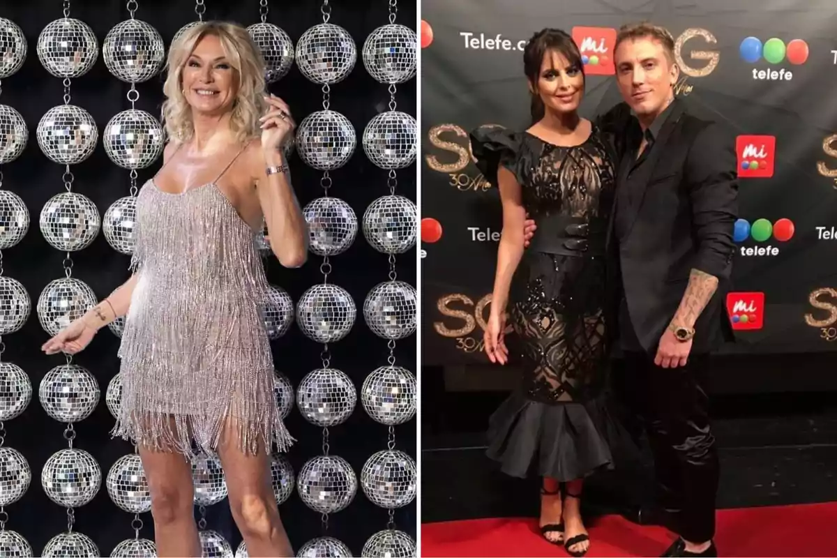 A woman in a silver fringe dress poses in front of a disco ball background, and a couple in formal attire poses on a red carpet with a backdrop of Telefe logos. A woman in a silver fringe dress poses in front of a disco ball background, and a couple in formal attire poses on a red carpet with a backdrop of Telefe logos.