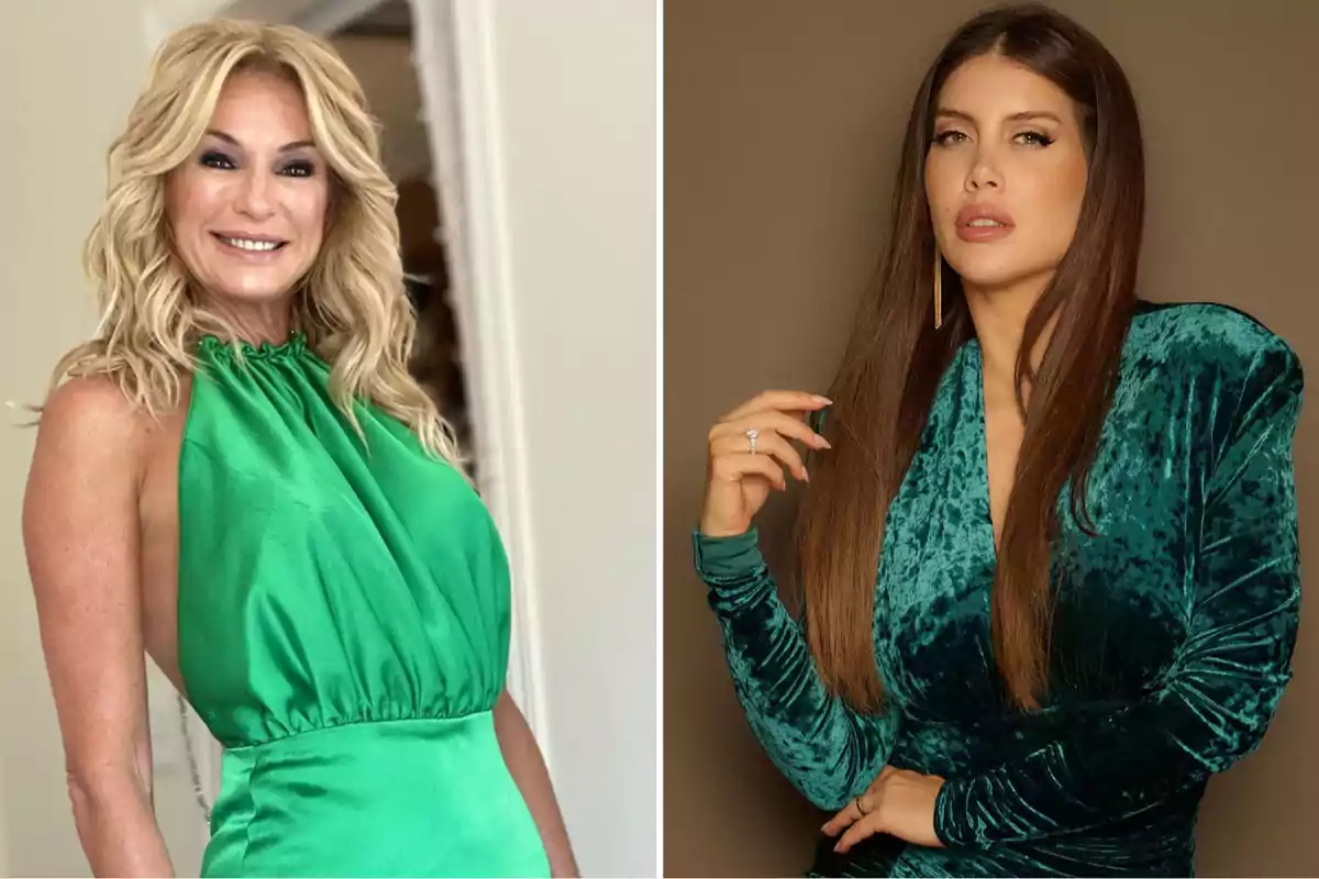 Dos mujeres posando, una con vestido verde brillante y cabello rubio rizado, la otra con vestido verde oscuro de terciopelo y cabello largo y liso.