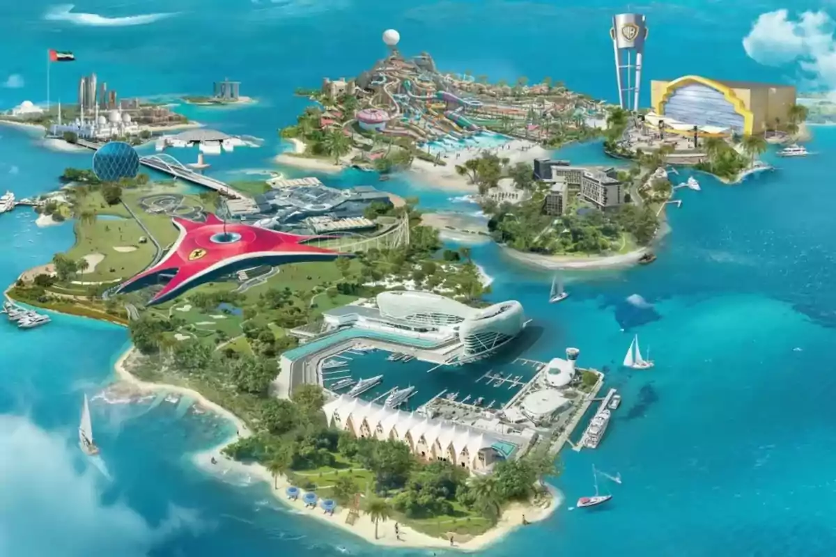 Una isla con parques temáticos, atracciones acuáticas, edificios modernos y un puerto deportivo rodeado de un mar azul. Una isla con parques temáticos, atracciones acuáticas, edificios modernos y un puerto deportivo rodeado de un mar azul.