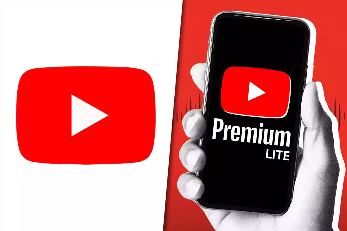 YouTube logo on the left and a hand holding a phone with the screen showing YouTube Premium Lite on the right.
