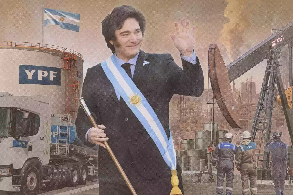A man wearing the Argentine presidential sash and holding a staff greets in front of YPF industrial facilities with workers, trucks, and an Argentine flag in the background.