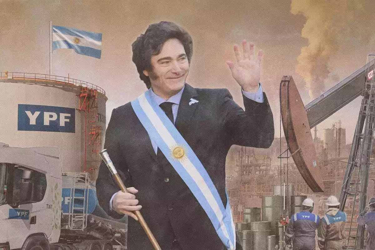 Un hombre con banda presidencial y bastón saluda frente a un fondo industrial con tanques y maquinaria de YPF y una bandera argentina ondeando.