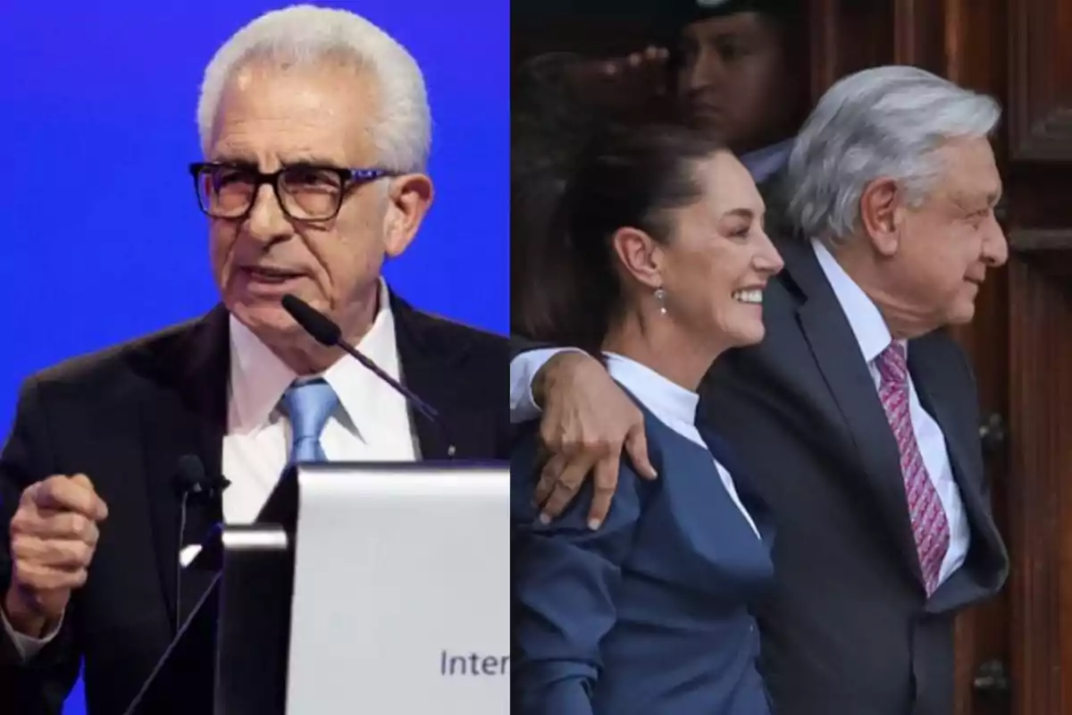 An older man with glasses speaks at a podium while in another image a man and a woman smile and hug.
