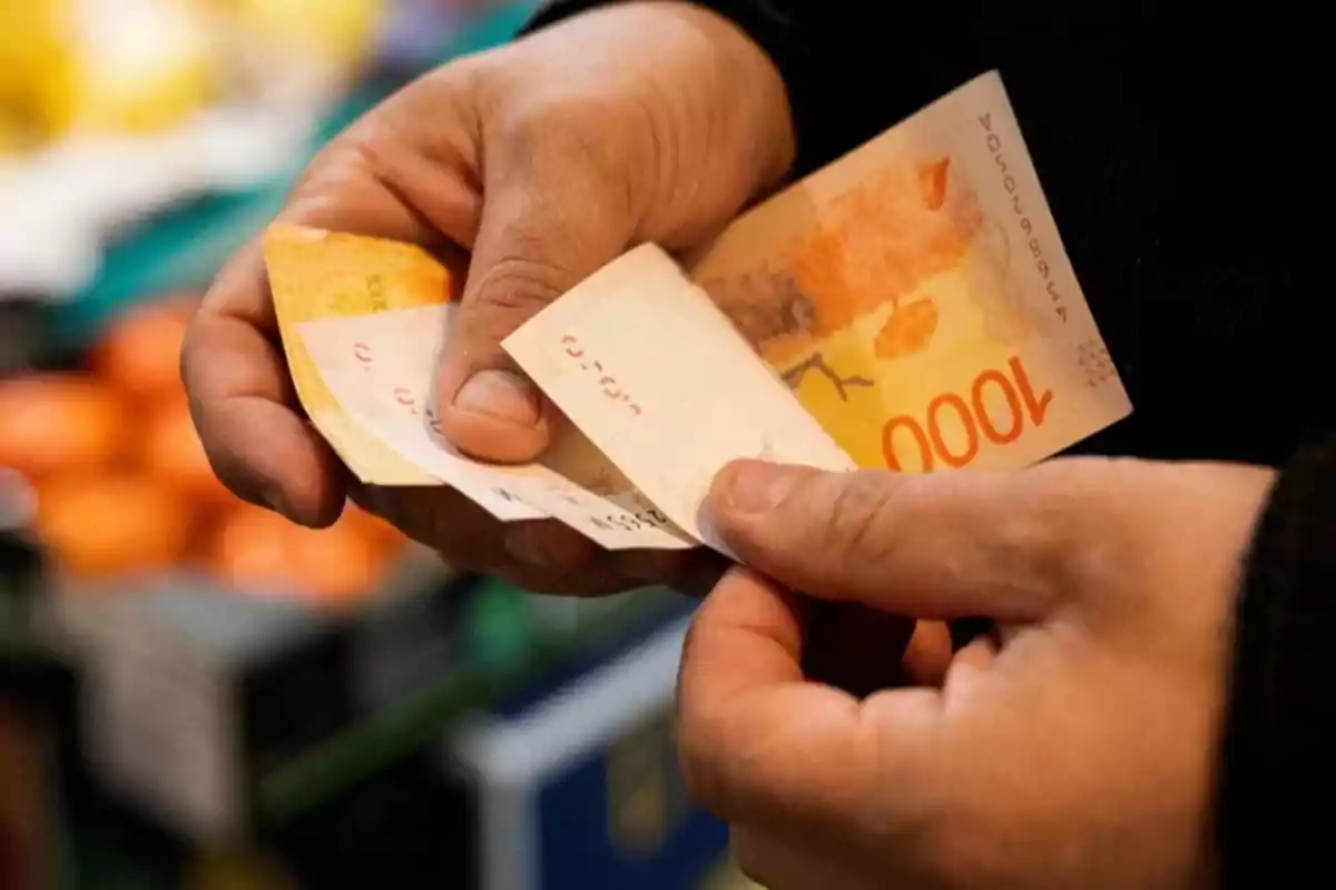 Persona contando billetes de mil pesos chilenos con fondo desenfocado de frutas