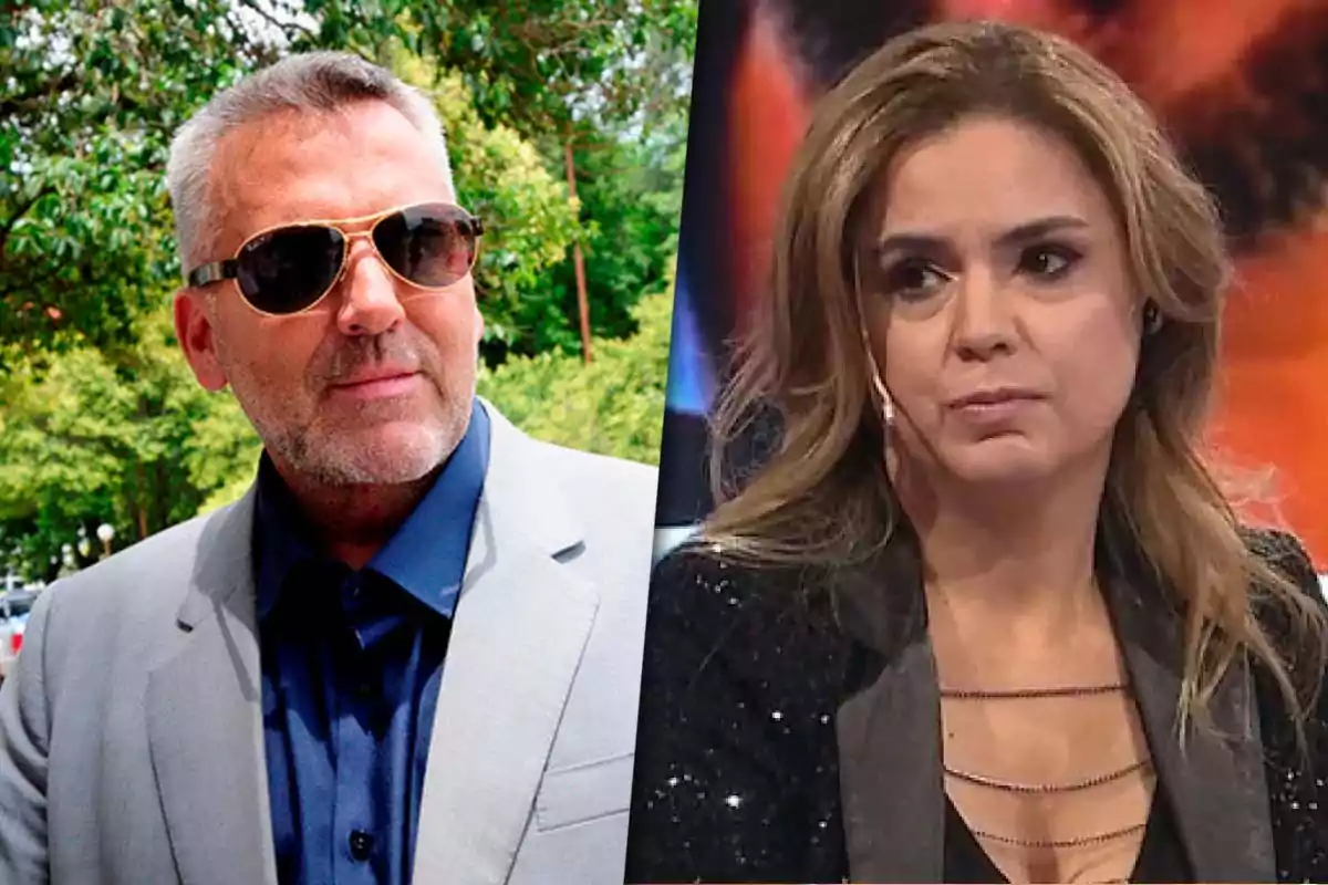 Two people in a split image; on the left, a man with sunglasses and a light suit, and on the right, a woman with loose hair and a serious expression.