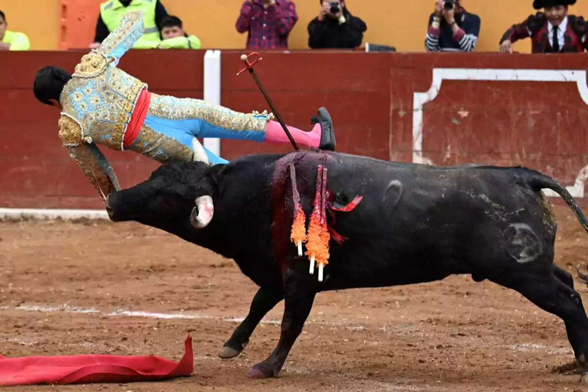 Un torero es embestido por un toro en una plaza mientras el público observa.