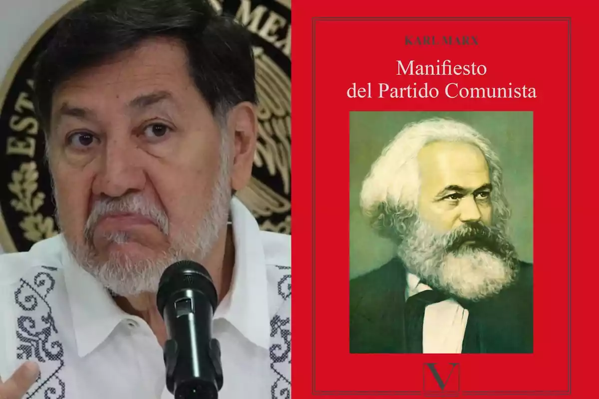 A man with a beard and mustache in front of a microphone next to the cover of the book "The Communist Manifesto" by Karl Marx.